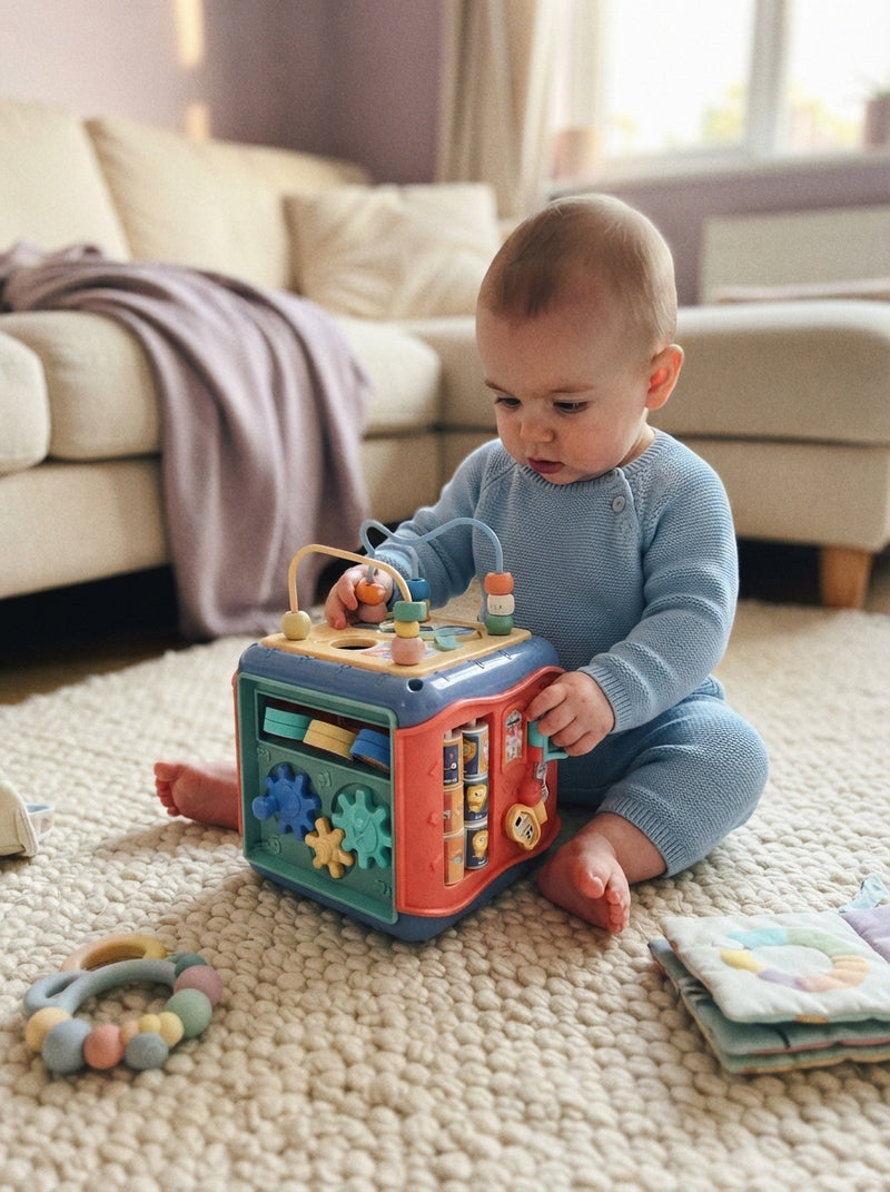 A baby plays with a colorful wooden six-sided activity cube on a living room rug while the parent watches from a distance.